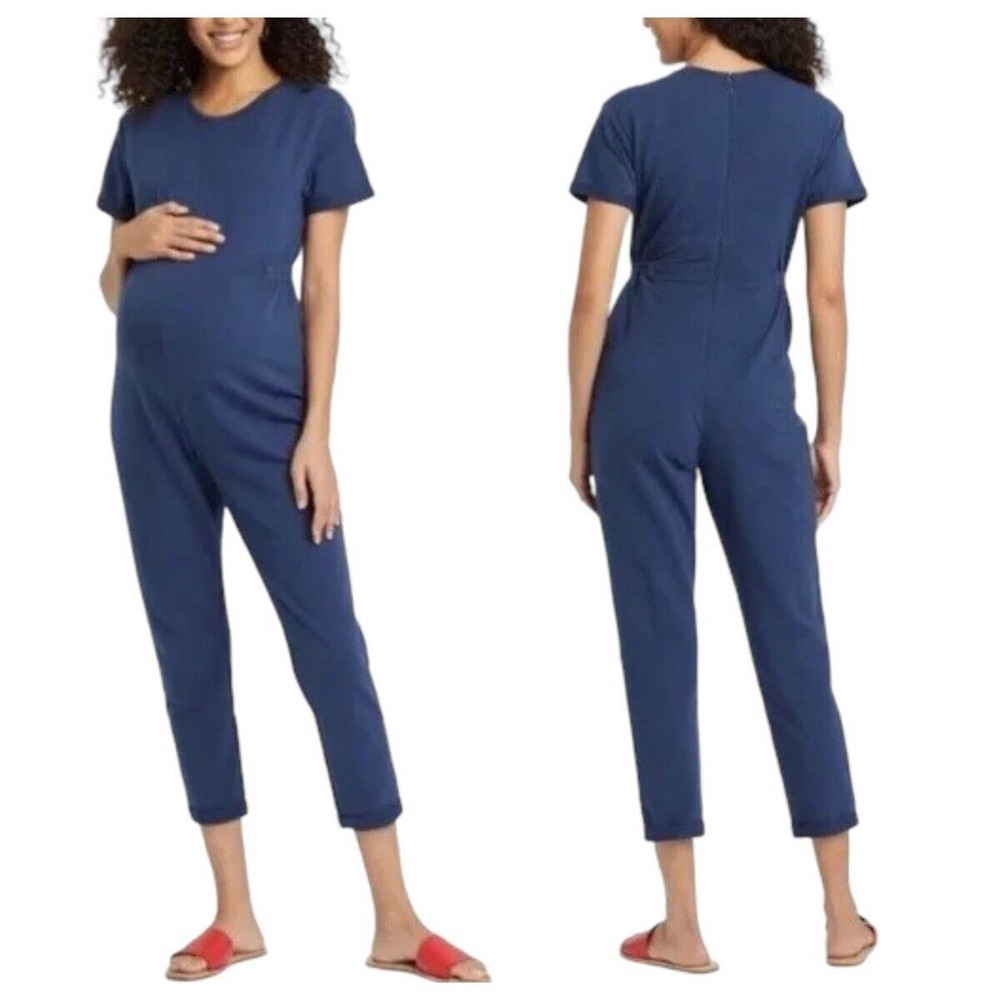 NEW The Nines by Hatch Maternity Jumpsuit Blue Cotton French Terry Short SlvSz S